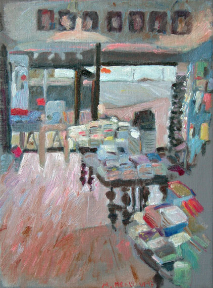 De boekwinkel, olieverf op linnen, 30x40 cm, klein bestand